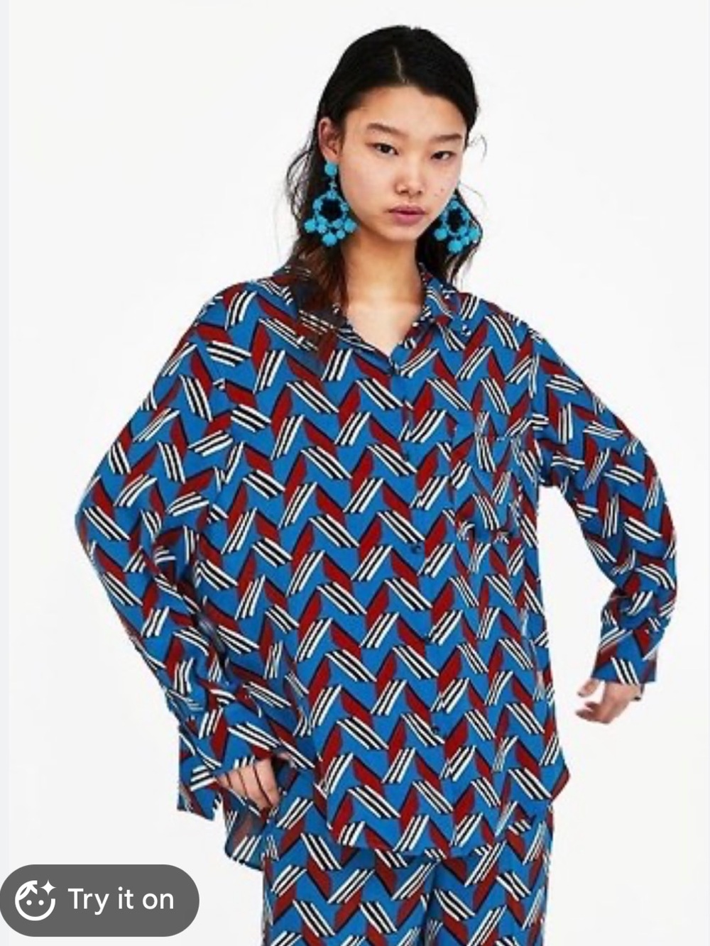 Zara Teal Burgundy & White Geometric Oversized Button-Down Shirt Women’s Size M